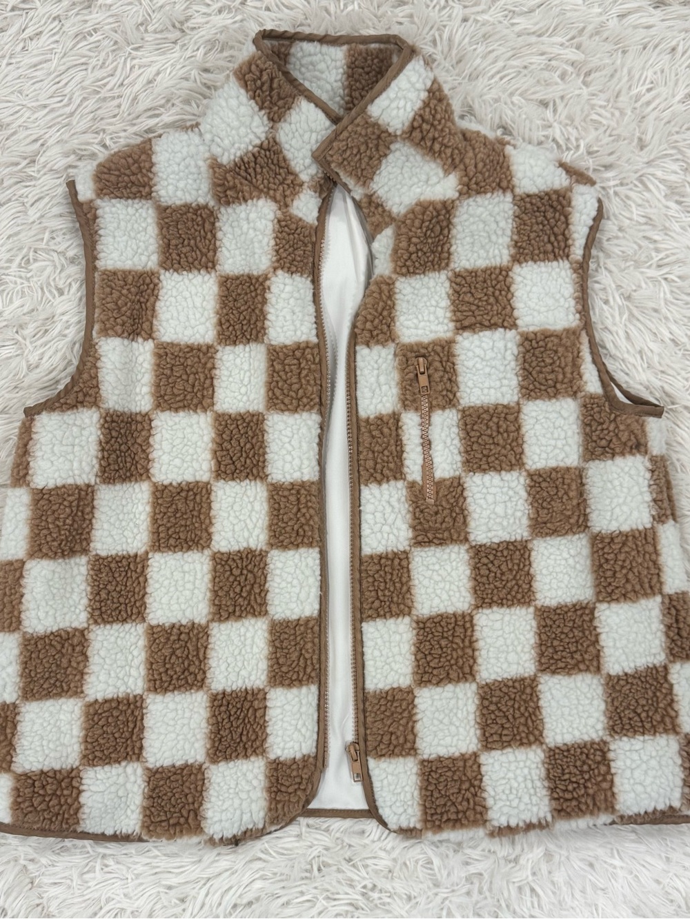 Women’s Brown & White Check Sherpa Vest